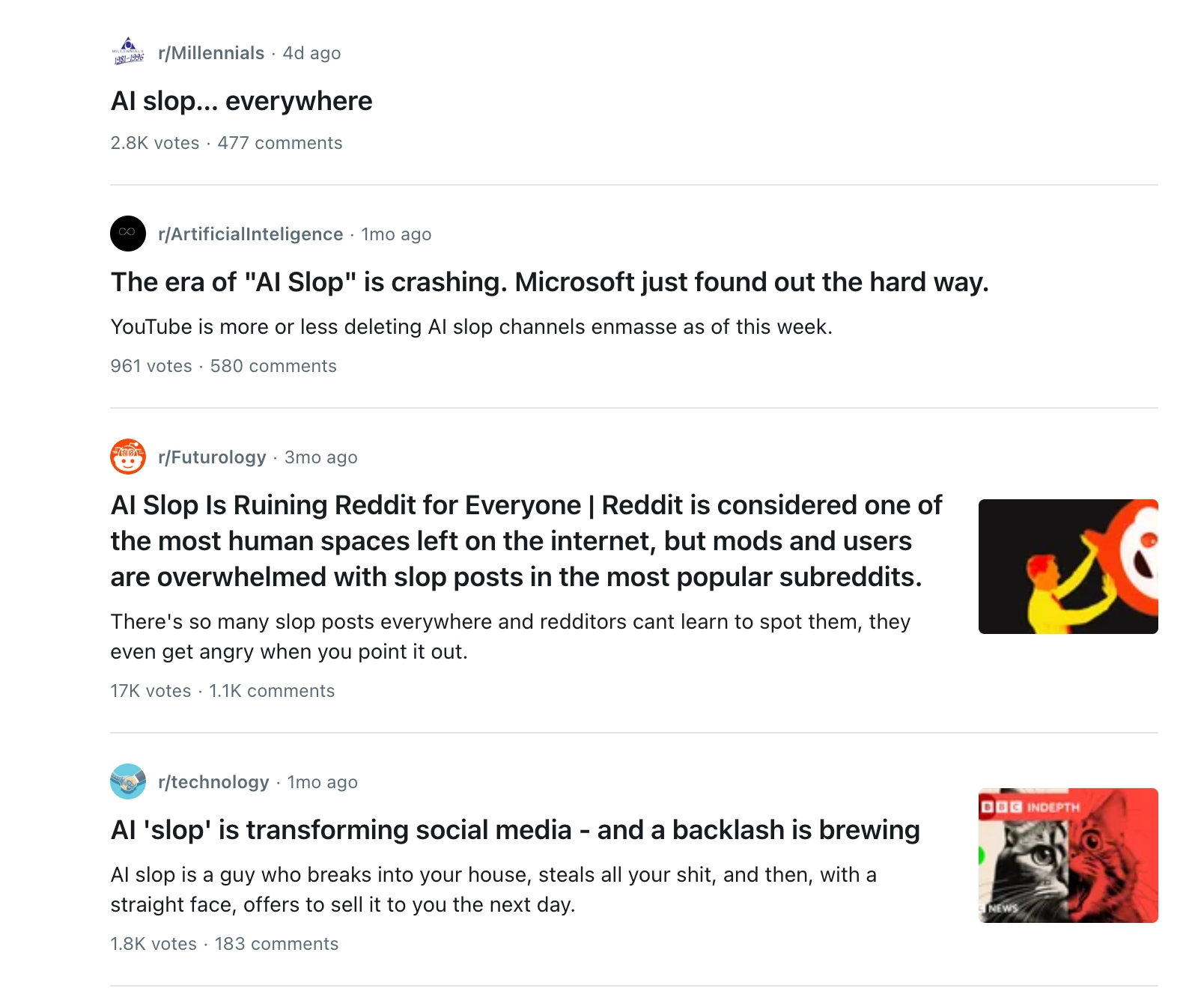 Reddit posts discussing AI slop